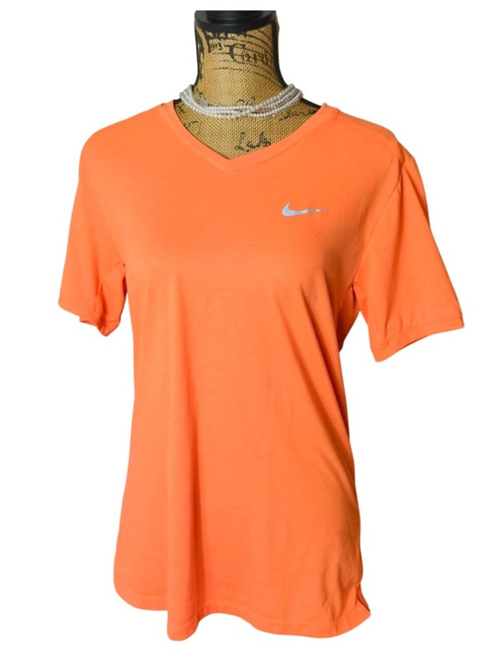 Nike Dri-Fit Womens M Running Shirt Orange V-Neck Reflective Athletic Sporty Run